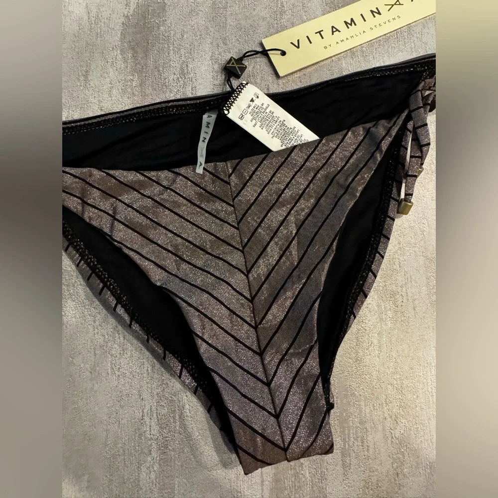 VITAMIN A ADJUSTABLE‎ TIE SIDE CHEEKY BIKINI BOTTOM Shimmer Metallic Stripe L/10